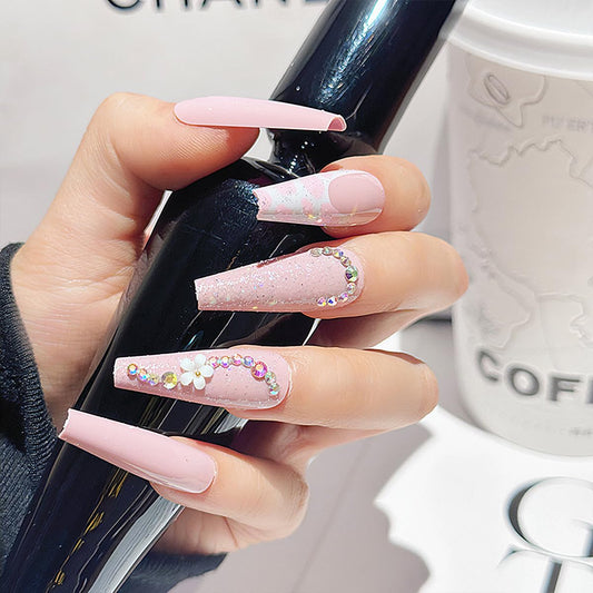 Press on Nails Long Coffin Fake Nails Pink Glossy Fake Nails with 3D Rhinestones Flower Designs French Tip Glitter Stick on Nails Full Cover Acrylic Nails Glue on Nails for Women and Girls 24 PCS