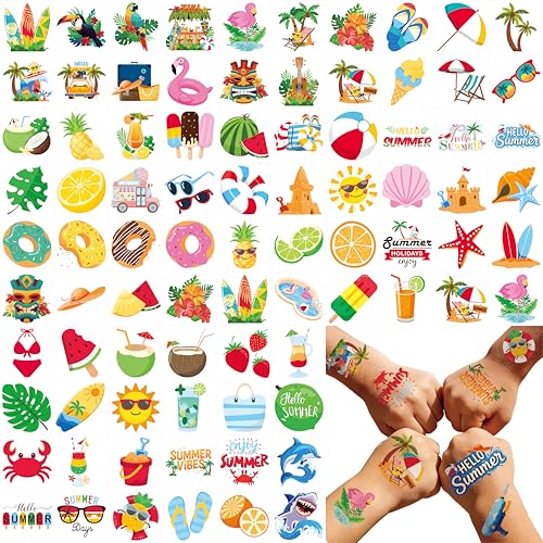 105 PCS Beach Party Decorations Kit - Hawaiian & Luau Decorations, Pool & Beach Party Favors, Temporary Tattoos & Fake Tattoo Stickers for Summer Party Decorations