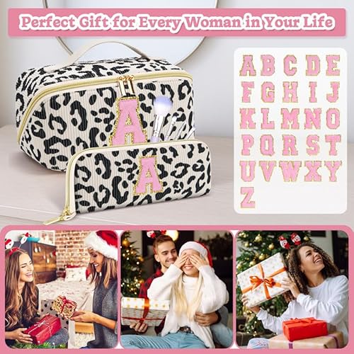 Personalized Travel Makeup Bag Set - Initial Graduation Gifts, Teacher Appreciation Gifts, Open-Flat Cosmetic Organizer with Brush Pockets, Travel Toiletry Bag for Women-Black Leopard T