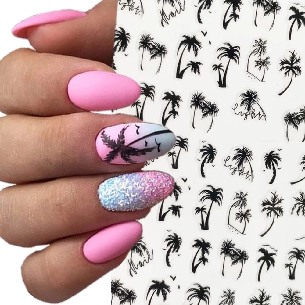 Summer Coconut Tree Nail Stickers Palm Tree Leaf Designer Nail Decals for Summer Nails Art Decorations Supplies 3D Self-Adhesive Black Gray Tropical Style Summer Nail Art Stickers for Women, 6Sheets