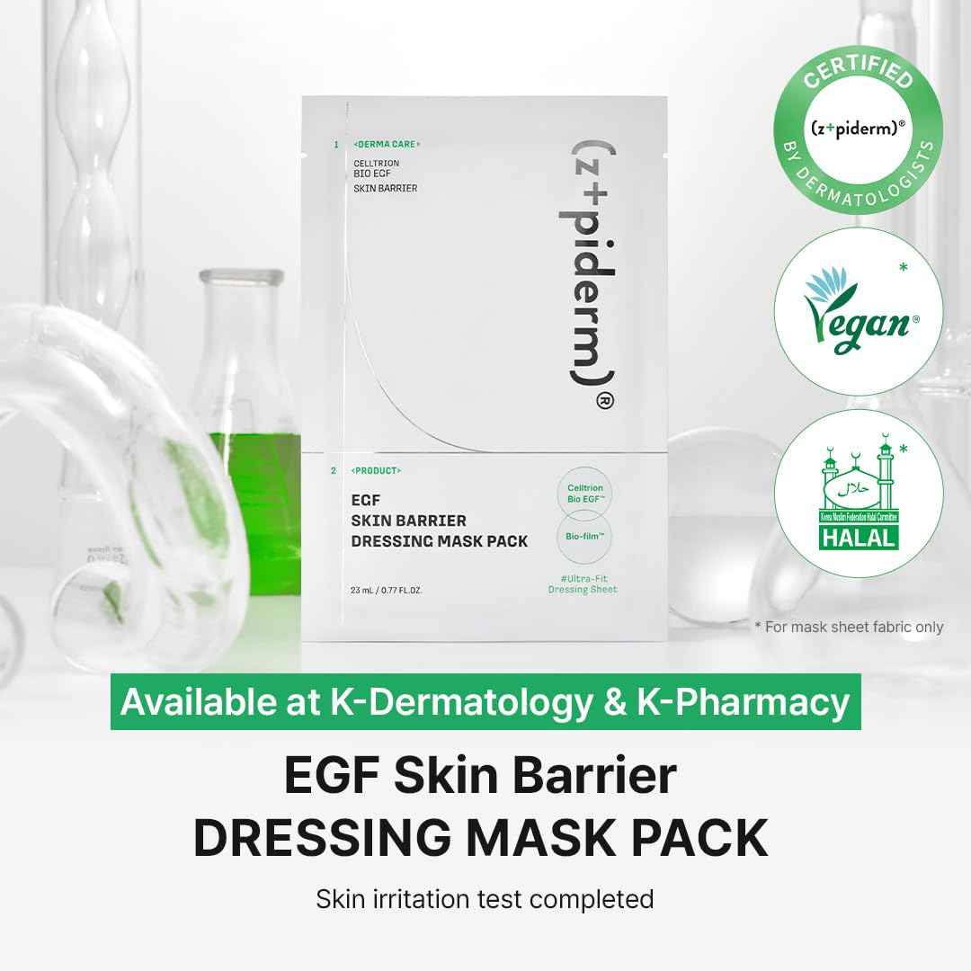 Zipiderm EGF Skin Barrier Dressing Sheet Mask – Korean Soothing & Hydrating Facial Mask with Ceramide & Panthenol for Sensitive, Dry & Acne-Prone Skin, Vegan K-Beauty Skincare Sheet, 4EA