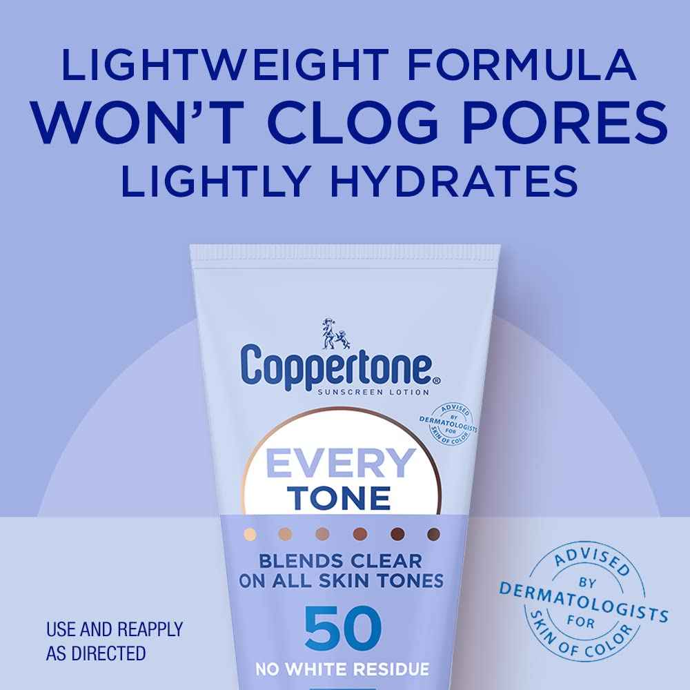 Coppertone Every Tone Sunscreen Lotion SPF 50, Lightweight, Rubs on Clear Sunscreen for All Skin Tones, Formulated with Nourishing Vitamin E, 7 Fl Oz Tube (Pack of 2)