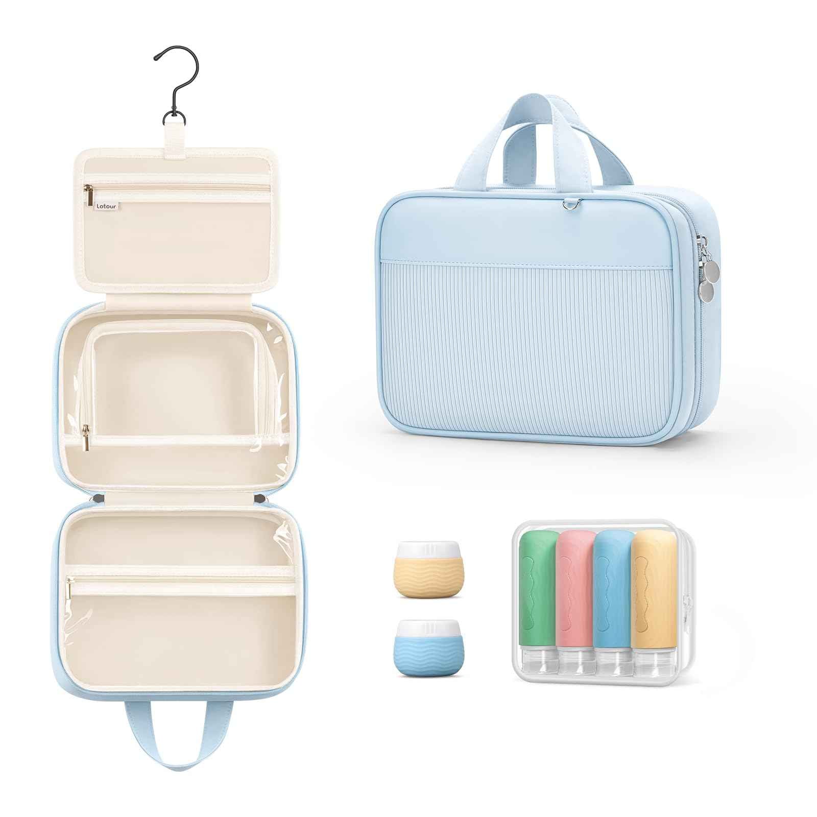 Lotour Travel Toiletry Bag for Women with Travel Size Silicone Containers Set, Hanging Toiletry Bag for toiletries, Cosmetic Bag Travel Organizer (Blue)