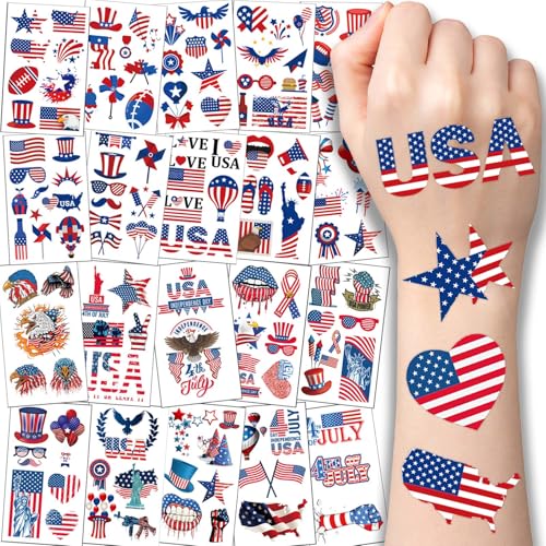 4th of July Temporary Tattoos - 20 Sheets Waterproof Body Art