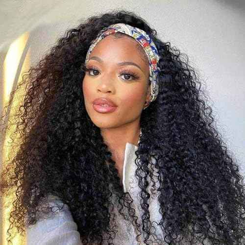 Headband Wig Human Hair Kinky Curly Headband Wigs for Black Women Non Lace Front Wig 150% Density Virgin Human Hair Wig Natural Color (Headband Wig, 28inch)
