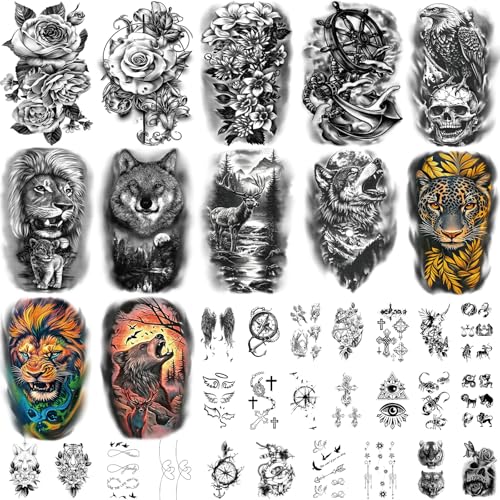 Large Temporary Tattoo for Adults and Kids, 36 Sheets Half Arm and Small Tattoos for Men and Women, Animal Flower Fake Tattoo with Lions and Tigers Designs
