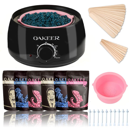 Oakeer Waxing Kit Women Men Wax Warmer Hair Removal at Home with 6 Bags Beans Body Waxing for Eyebrows Nose Cheeks Arms Bikinis Legs 62 Accessories
