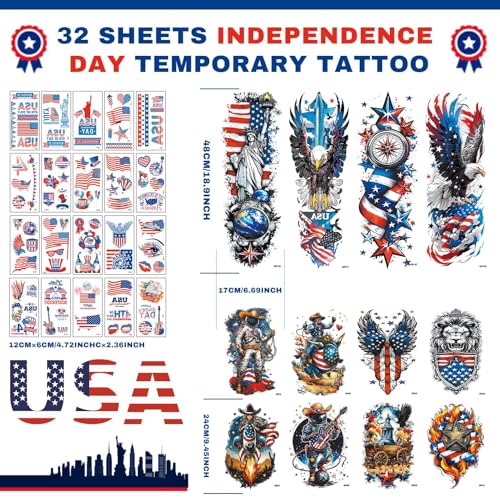 32 Sheets USA Flag Temporary Tattoos, Waterproof 4th of July