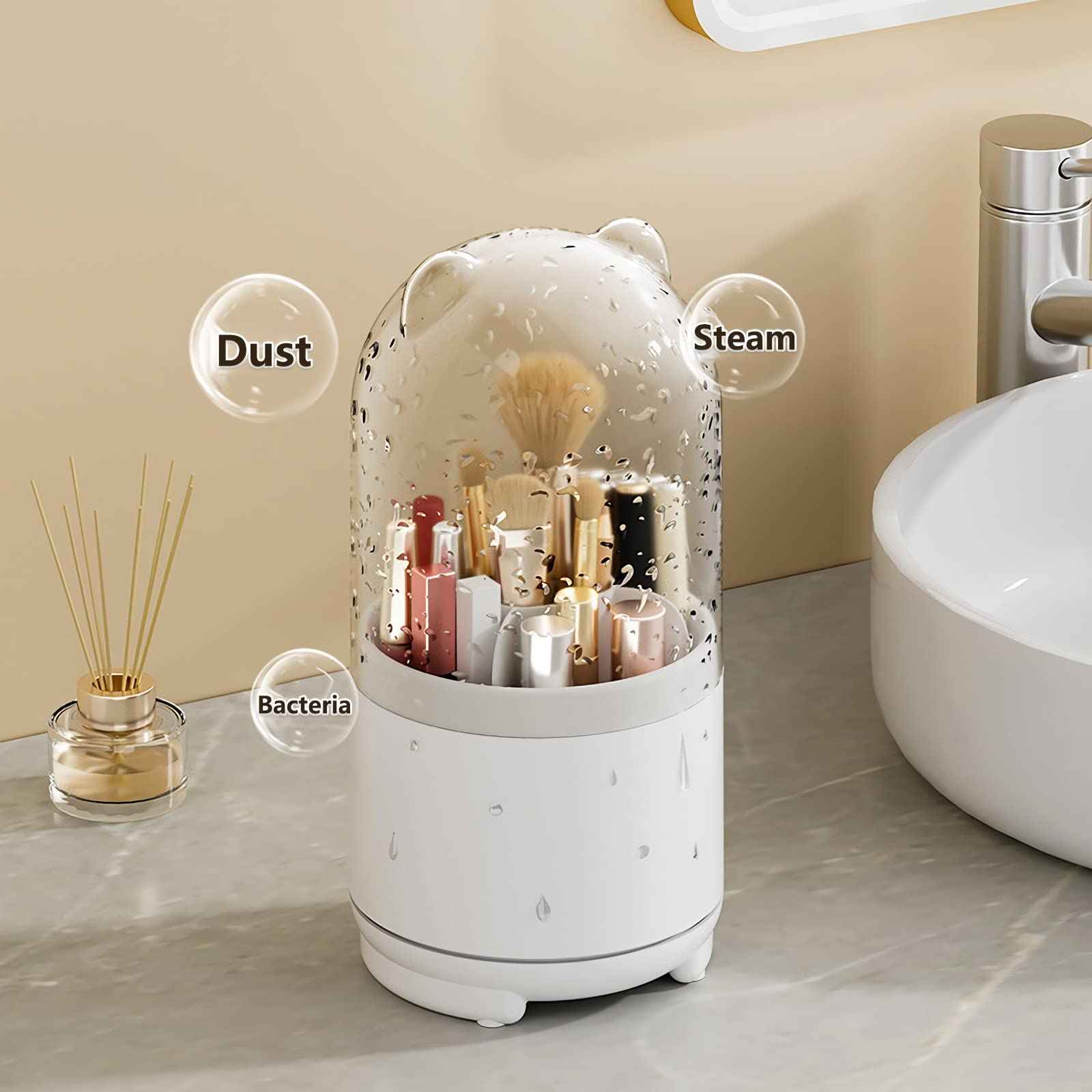 LtyTz Cute Makeup Brush Holder Organizer with Lid, Rotating Dustproof Make Up Brushes Container with Clear Acrylic Cover for Vanity Desktop Bathroom Countertop