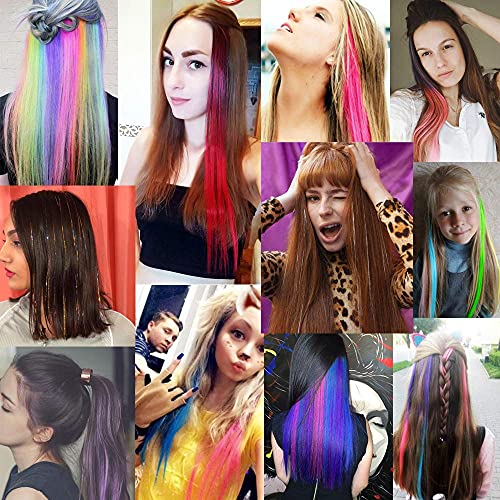 KGBFASS 32Packs Colored Hair Extensions 20Inch Straight Color Clip in on Hair Extension Rainbow Party Highlights Synthetic Hairpiece for Girls (16 colors)