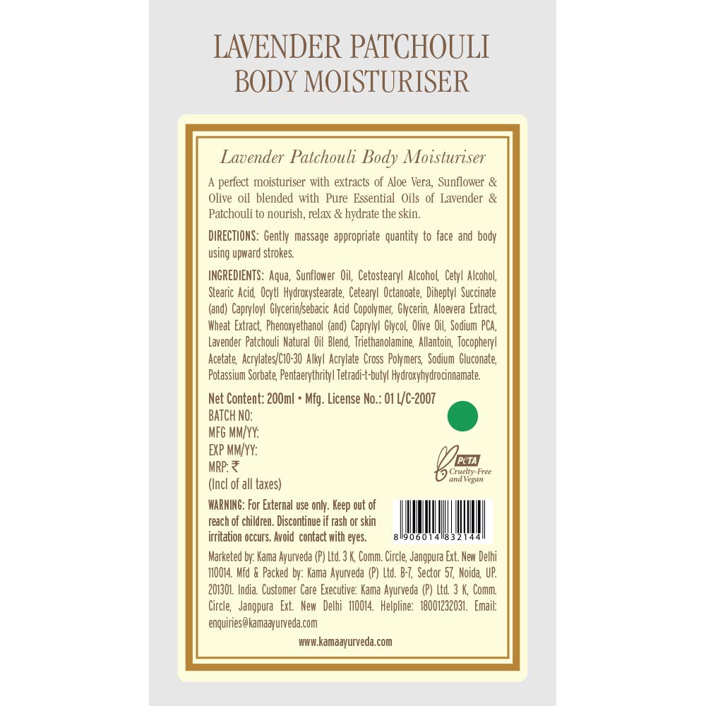 Kama Ayurveda Lavender Patchouli Body Moisturiser with Pure Essential Oils of Lavender and Patchouli, 200ml