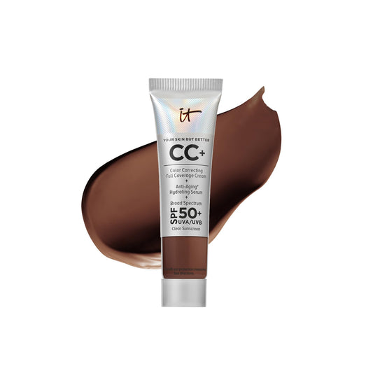 IT Cosmetics Your Skin But Better CC+ Cream Travel Size, Deep Bronze - Color Correcting Cream, Full-Coverage Foundation, Hydrating Serum & SPF 50+ Sunscreen - Natural Finish - 0.406 fl oz