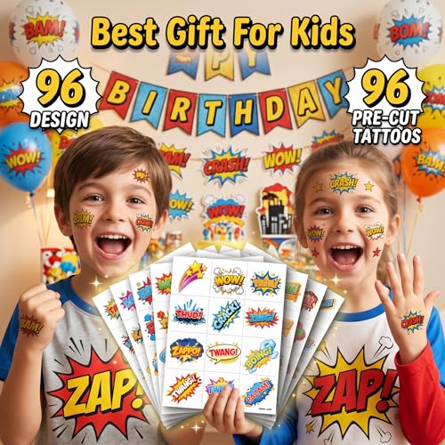 96 PCS Comic Temporary Tattoos for Kids | Pre-Cut Boom Wow Pow