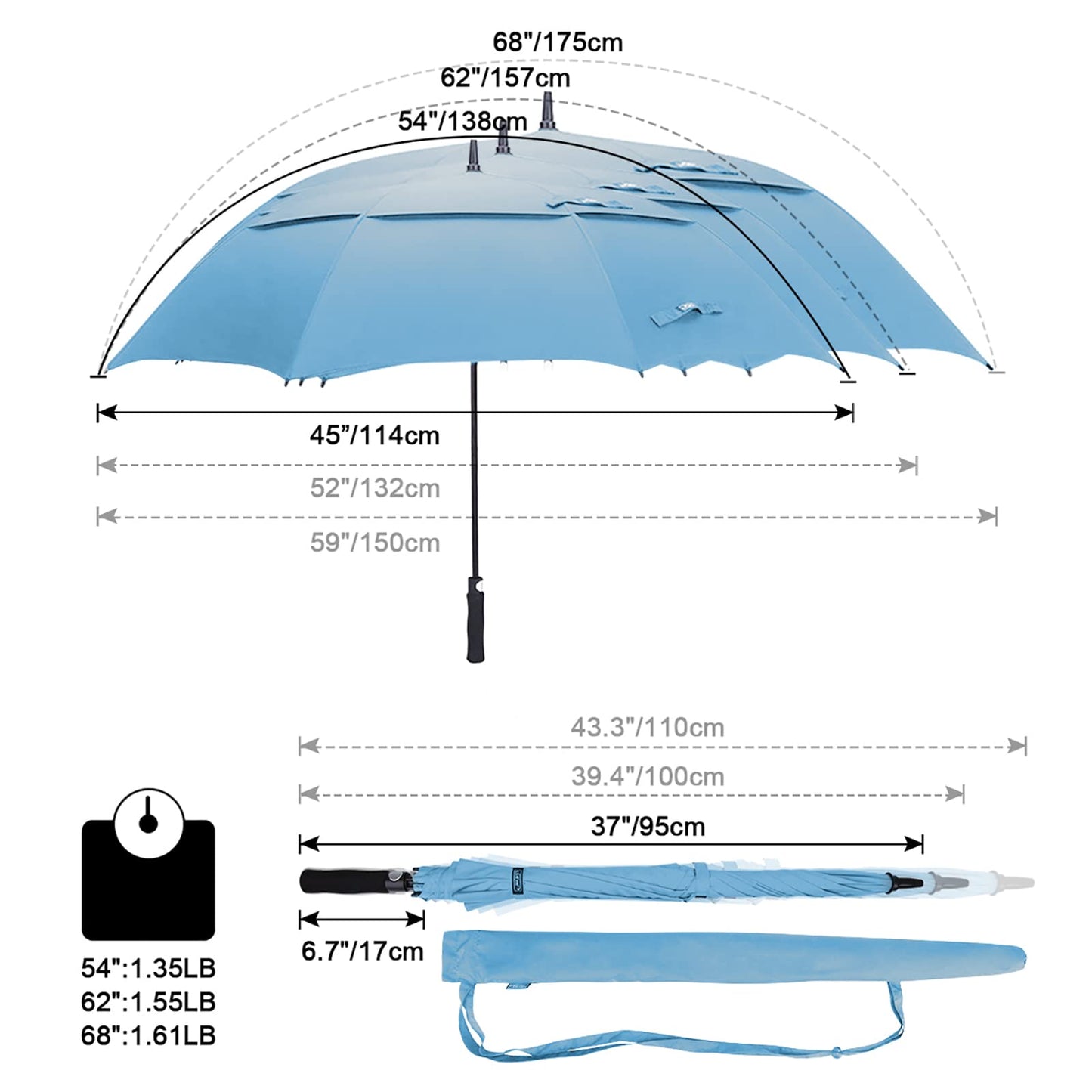 G4Free 54 Inch Automatic Open Golf Umbrella Windproof Extra Large Oversize Double Canopy Vented Windproof Waterproof Stick Umbrellas for Men (Sky Blue)