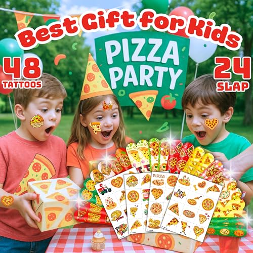 72-Piece Pizza Party Favors Set - Tattoos & Slap Bracelets