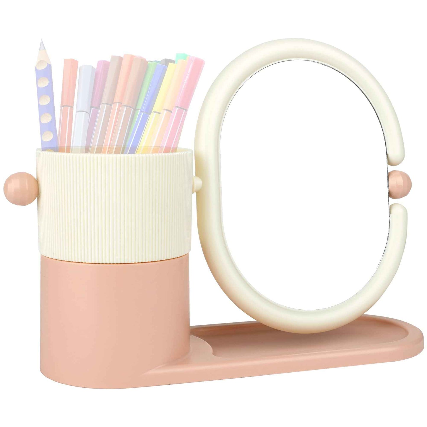 Umbrotiger Desk Organizer with Magnifying HD Rotating Glass Mirror 360° Adjustable Dual-Purpose Makeup Brush Holder Pen Caddy, Pink & White ABS Storage for Office & Vanity Accessories+Free Lens Cloth