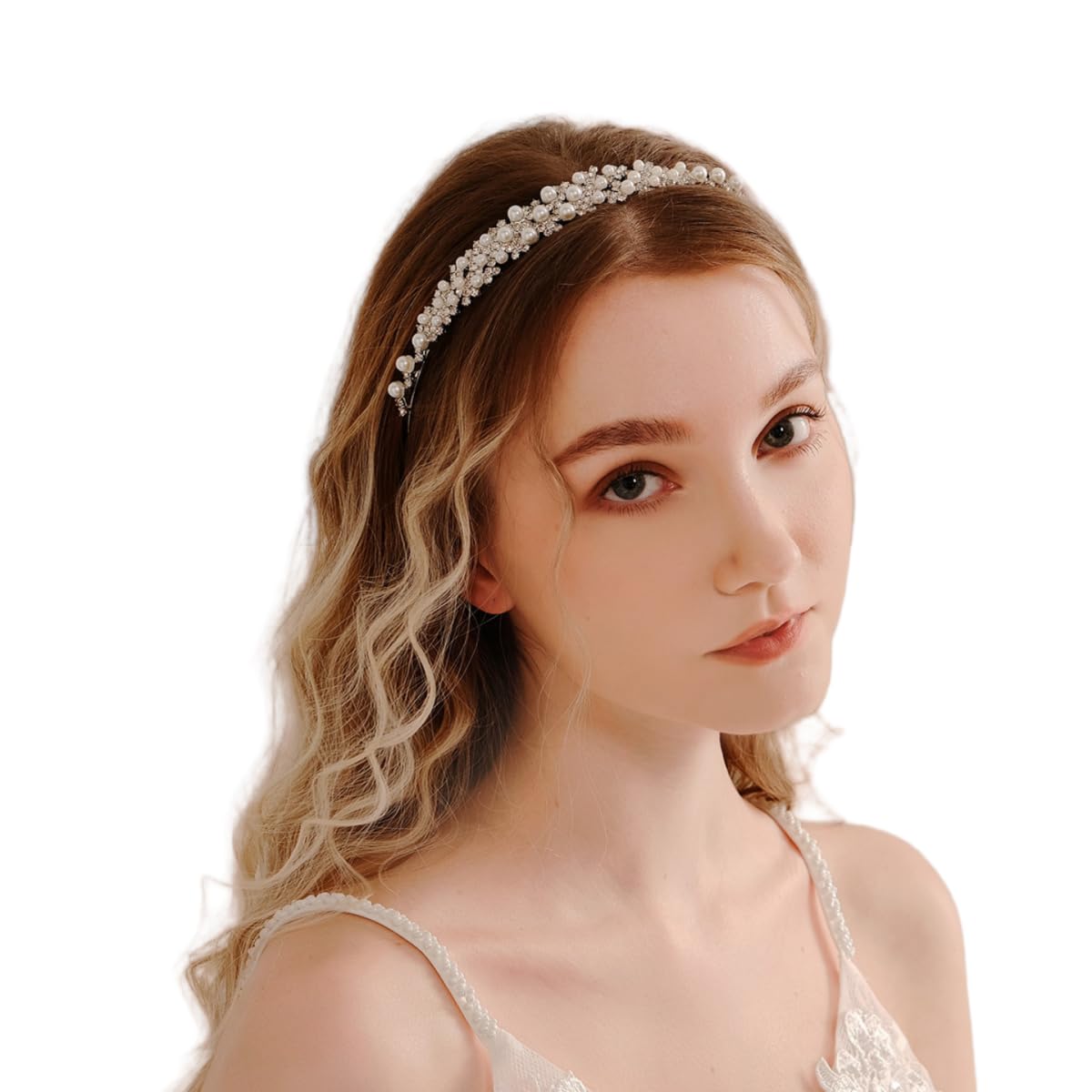 Cezesuja Wedding Rhinestone Headband, Crystal and Faux Pearl Crown for Bride Bridesmaids Tiara Hairband Simple Design Daily hair accessories (Silver B)