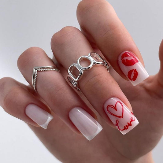 Valentines Day Press on Nails Medium Length Fake Nails with Red Hearts Lip Designs Acrylic Stick on Nails Full Cover White French Tip Glue on Nails Pink Glossy Valentines False Nails for Women 24pcs