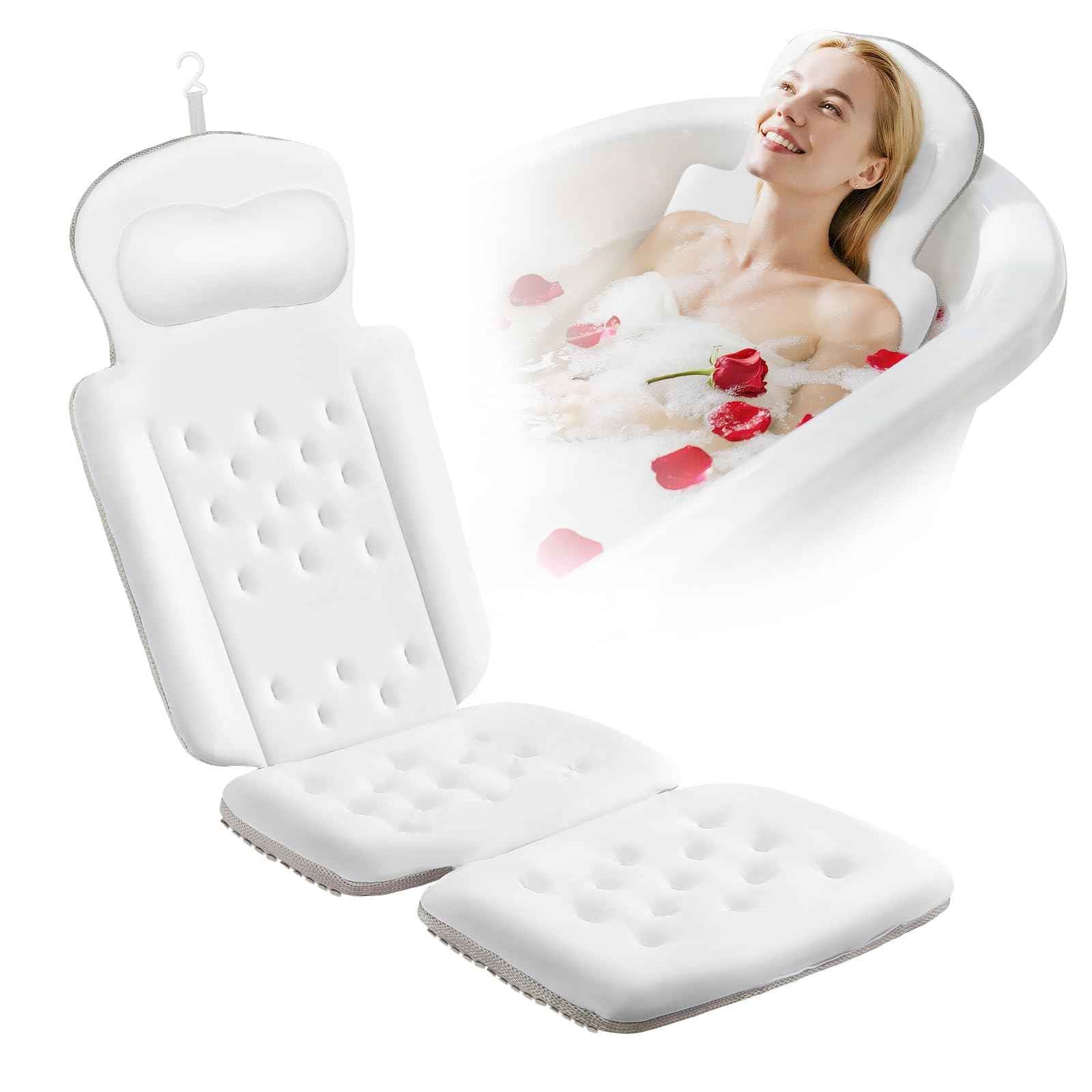 Full Body Bath Pillow, Luxury Bath Cushion with 192 Suction Cups, Bath Pillows for Tub for Head and Neck Support, with Laundry Bag White, 51" x 16"
