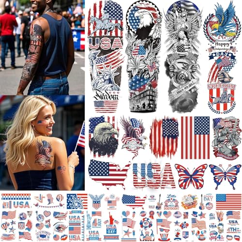 Aresvns Independence Day Temporary Tattoos,Fourth of July USA Flag Sleeve Tattoo,Red White and Blue Party Supplies, 4th of July Fun Tattoos, Memorial Day, Labor Day Decorations Patriotic Tattoos