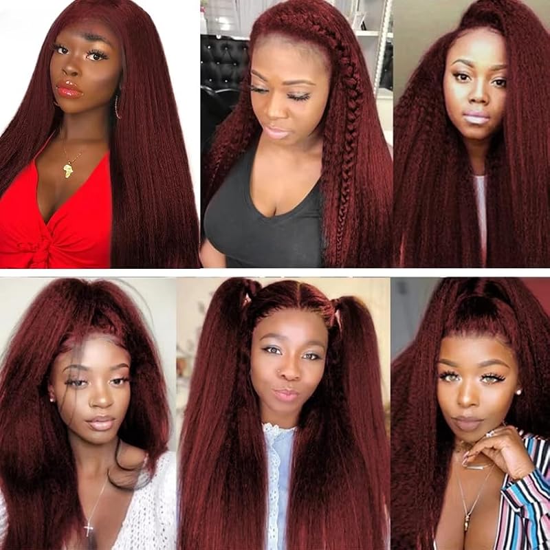 #99J Burgundy Yaki Straight Human Hair Bundles 26 28 30 Inch