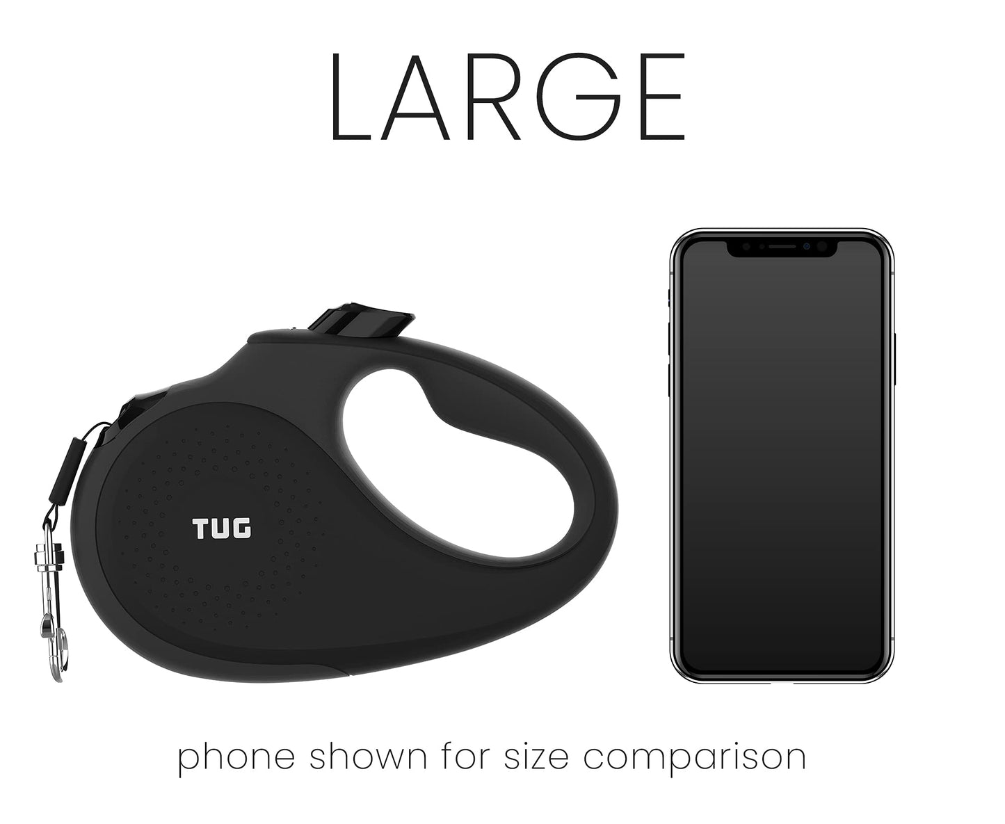 TUG 360° Tangle-Free Retractable Dog Leash with Anti-Slip Handle | 16 ft Strong Nylon Tape | One-Handed Brake, Pause, Lock (Large, Black/Grey)