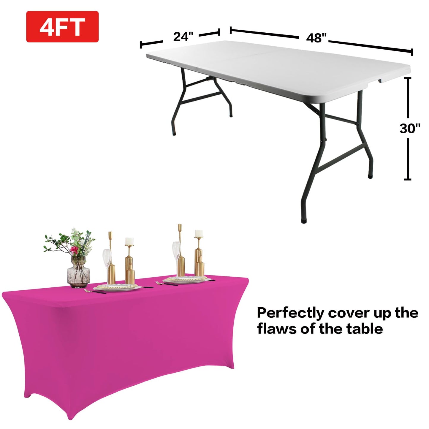 IVAPUPU 4FT Table Cloth for Rectangular Fitted Events Stretch Fuchsia Table Covers Washable Table Cover Spandex Tablecloth Table Protector for Party, Wedding, Cocktail, Banquet, Festival