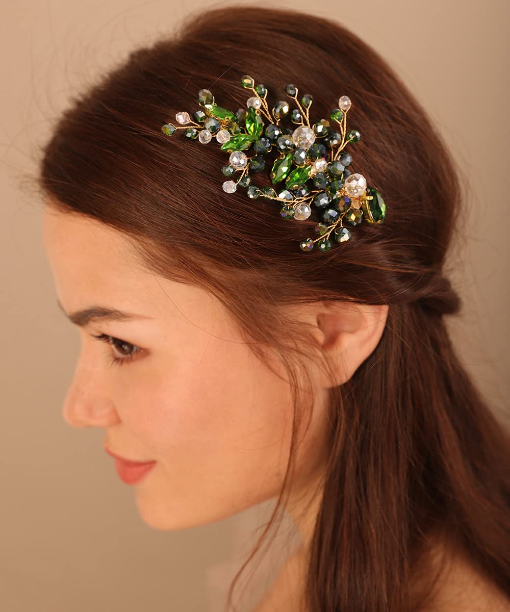 Xerling Emerald Hair Accessories for Brides Green Crystal Rhinestones Head Pieces for Wedding Side Hair Clip for Girls (Emerald A)