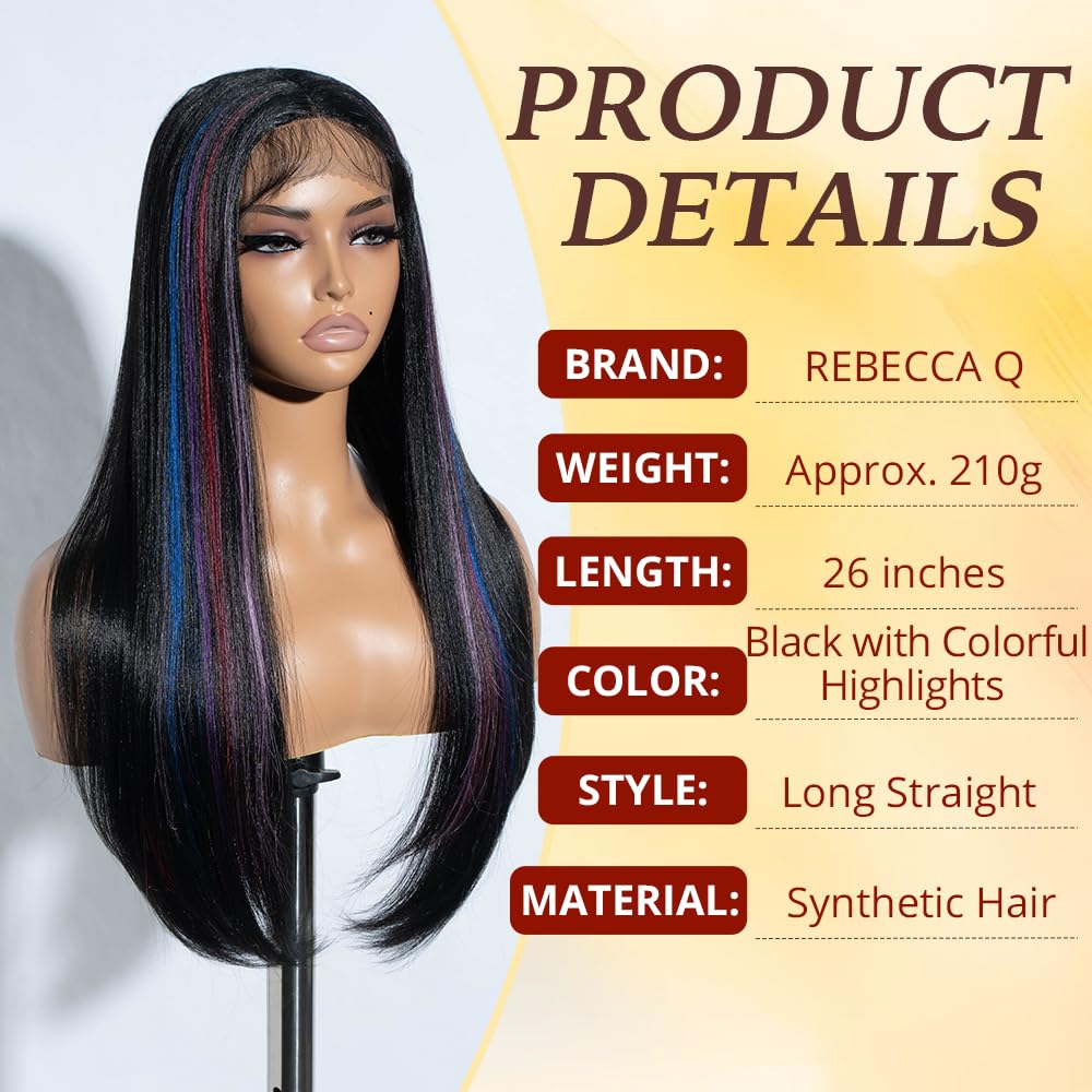 Rebecca Q Long Straight Black Wig For Black Woman Synthetic Hair Replacement Wig with Colorful Highlights Lace Front Wig Middle Partfor Daily Cosplay Use 26inches (VIVI.PLUM)