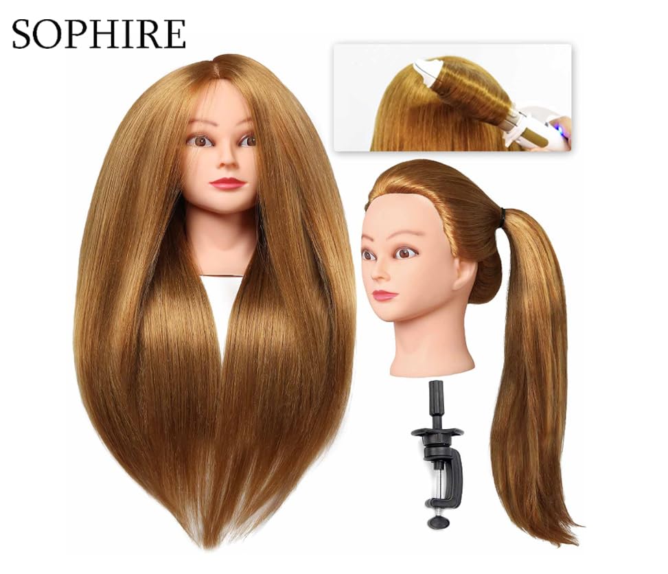 SOPHIRE 26"-28" Long Hair Mannequin Head with 60% Real Hair, Hairdresser Practice Training Head Cosmetology Manikin Doll Head with 9 Tools and Clamp - Golden, Makeup On