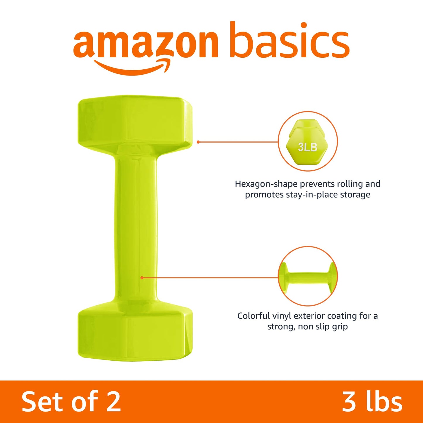 Amazon Basics Vinyl Coated Dumbbell Hand Weights, 3 Pounds, Pair, Citron