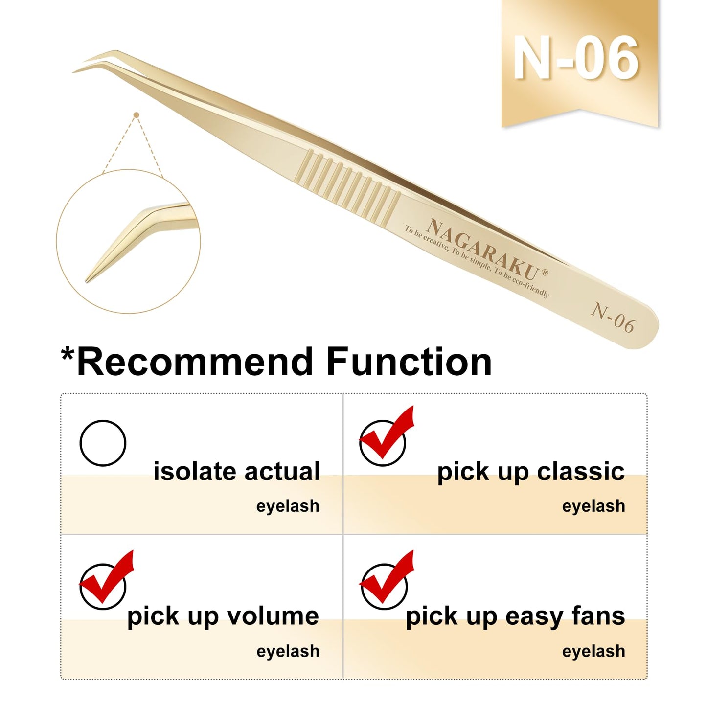 NAGARAKU Gold Tweezers for Eyelash Extensions Curved Angled Volume Cluster Super Light Weight Easy Fanning Tweezers Stainless Steel Precision (N-06)