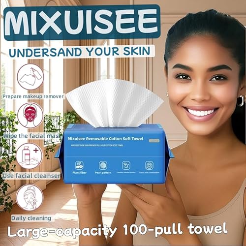 Disposable face towel,MIXUISEE thick and soft face towels,100% cotton face towels,super thick 130%. Suitable for makeup removal and cleansing, and applicable to sensitive skin. (100 pieces)