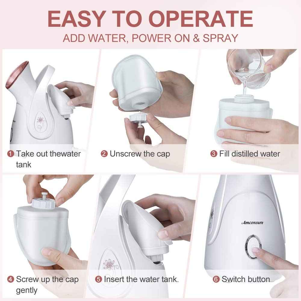 Facial Steamer, Amconsure Nano Ionic Face Steamer for Home, 100ML Warm Mist Humidifier for Women Moisturizing, Unclogs Pores-Bonus Stainless Steel Skin Kit and 2 Face Scrubbers