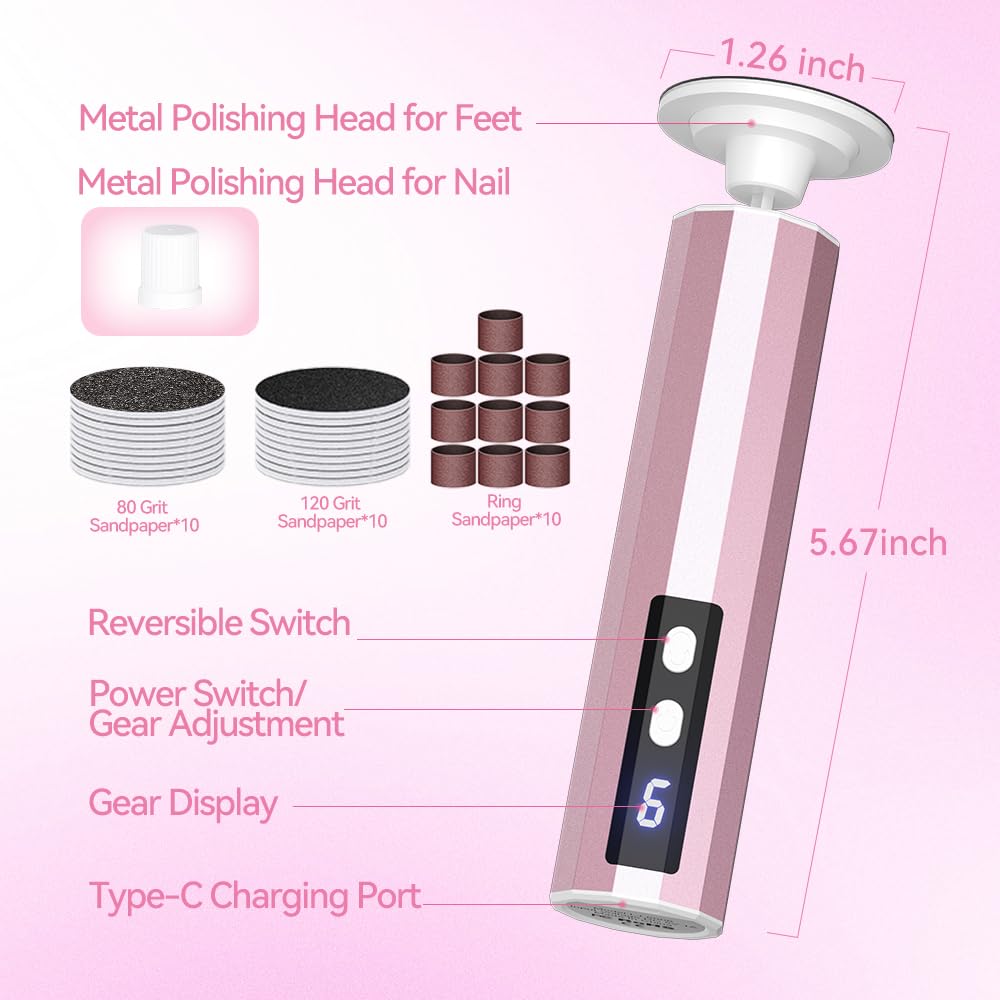 Electric Foot Callus Remover, Pedicure Tools for Feet, Foot File Nail Grinder with 9 Adjustable Speeds, Cordless Rechargeable Foot Sander with Replace Sandpaper Dics for Dead Skin, Callus, Rose Gold