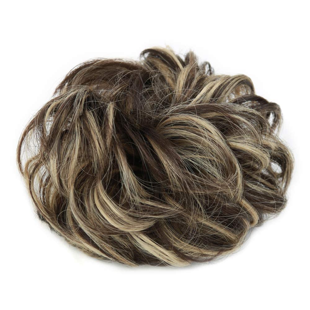 MORICA 1PCS Messy Hair Bun Hair Scrunchies Extension Curly Wavy Messy Synthetic Chignon for Women (Dark Brown & Ash Blonde)