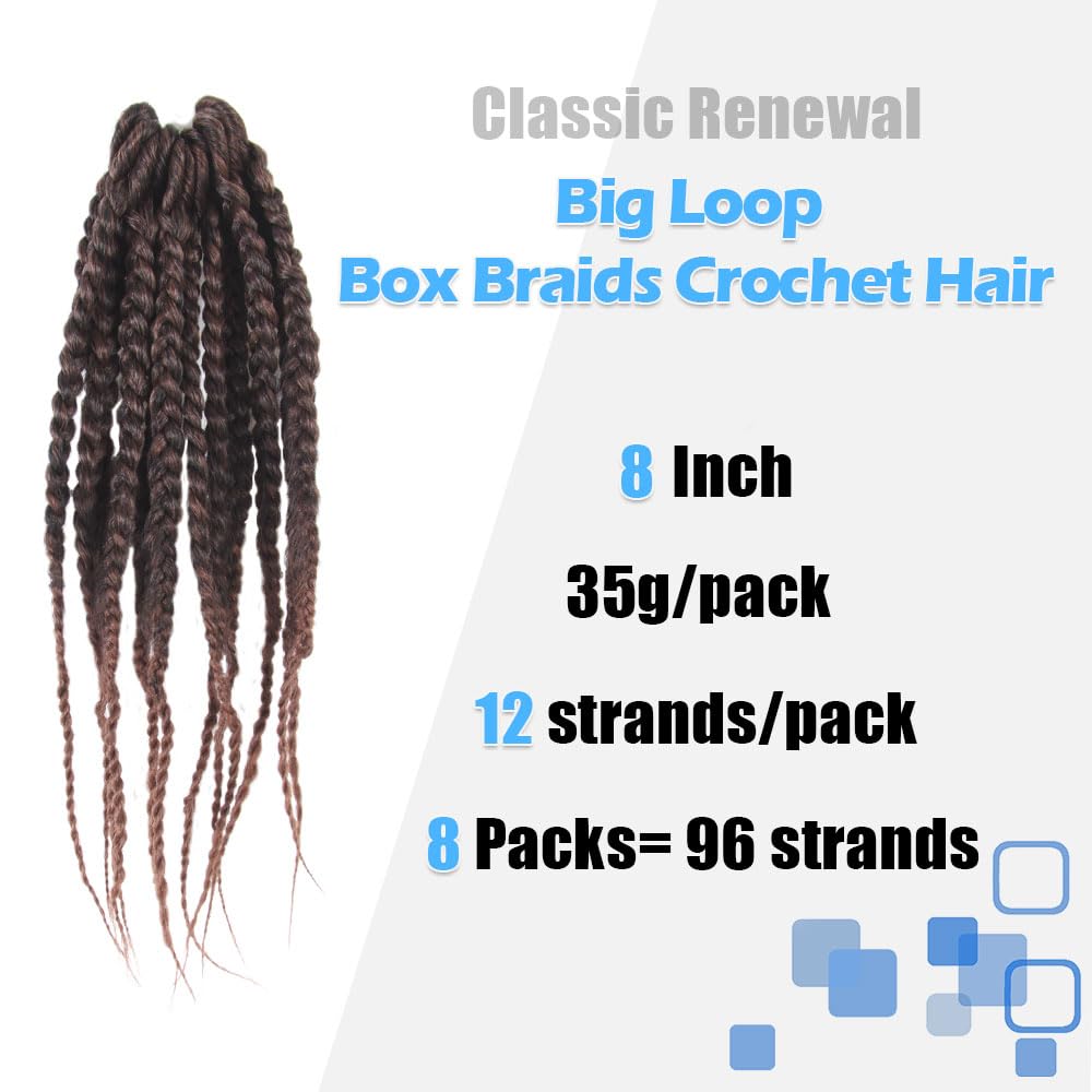 BOHOBABE Box Braids Crochet Hair 8 Inch 8 Packs Prelooped, Short 3X Knotless Crochet Box Braiding Hair (T30, Ombre Medium Dark Brown)