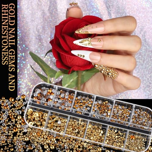 Teenitor Gold Nail Charms & Gems Set - 4 Box Nail Art Supplies Kit for Manicure