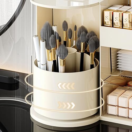 Makeup Organizer 14" D x 8.3" W x 9" H Cosmetic Organizer with Drawers Countertop Skincare Organizer for Vanity Cosmetic Display Case Storage Rotating Brush Holder (White)