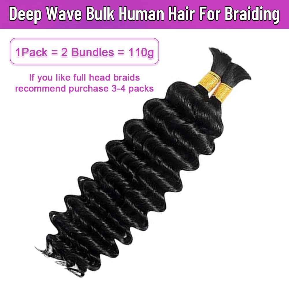 18 Inch Human Braiding Hair for Boho Braids 110g Natural Black 18Inch No Weft 2 Bundles/Pack Deep Water Wave Boho Bulk Human Hair for Knotless Braiding Curly Water Wave Hair