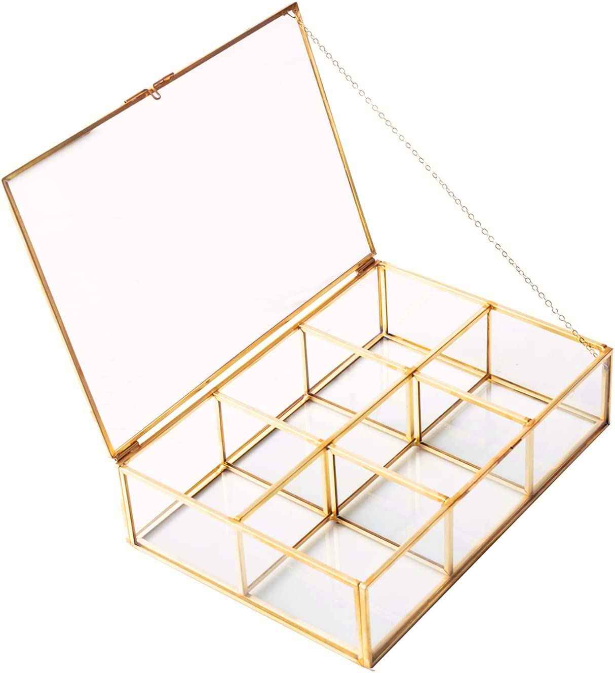 Levilan Golden Vintage Glass Box Clear Glass & Brass Metal Storage Jewelry and Cosmetic Makeup Lipstick Holder Organizer Beauty Display, 6 Compartment