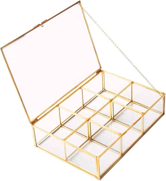Levilan Golden Vintage Glass Box Clear Glass & Brass Metal Storage Jewelry and Cosmetic Makeup Lipstick Holder Organizer Beauty Display, 6 Compartment