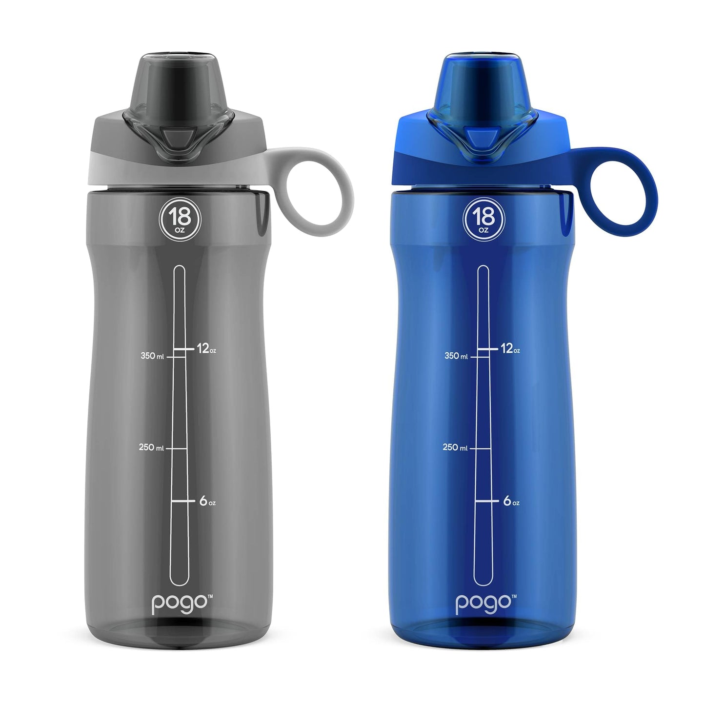 Pogo 18oz Plastic Water Bottle with Chug Lid and Carry Handle, BPA Free, Dishwasher Safe,Perfect for Travel, School, Outdoors, and Gym, 2 Pack, Grey/Blue