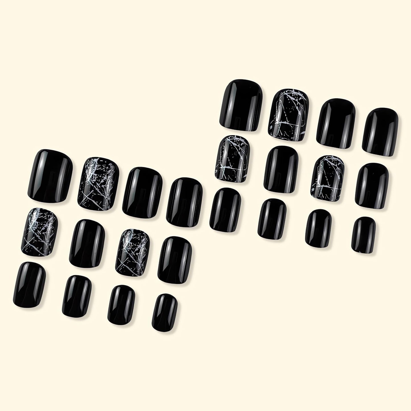 24 Pcs Black Press on Nails Short Square Shape Fake Nails with White Crack Full Cover Designs Cute Short Square Black Stick on Nails Reusable Nails Press ons for Finger Manicure Tips Decorations