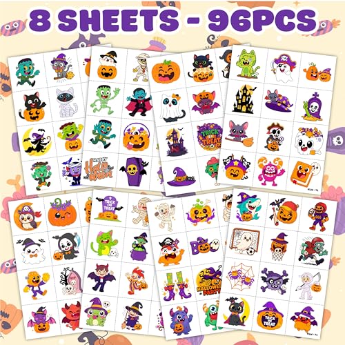 96 Pre-Cut Halloween Temporary Tattoos for Kids Party Favors