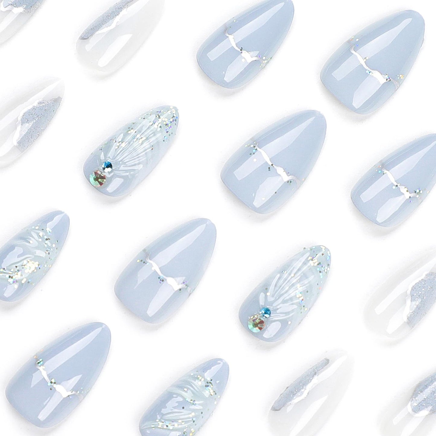 Almond Press on Nails Medium, 3D Shell Rhinestone Fake Nails Light Blue Stick on Nails Star Bling Gem False Nails Acrylic Nails Summer Manicure for Women and Girls, 24PCS