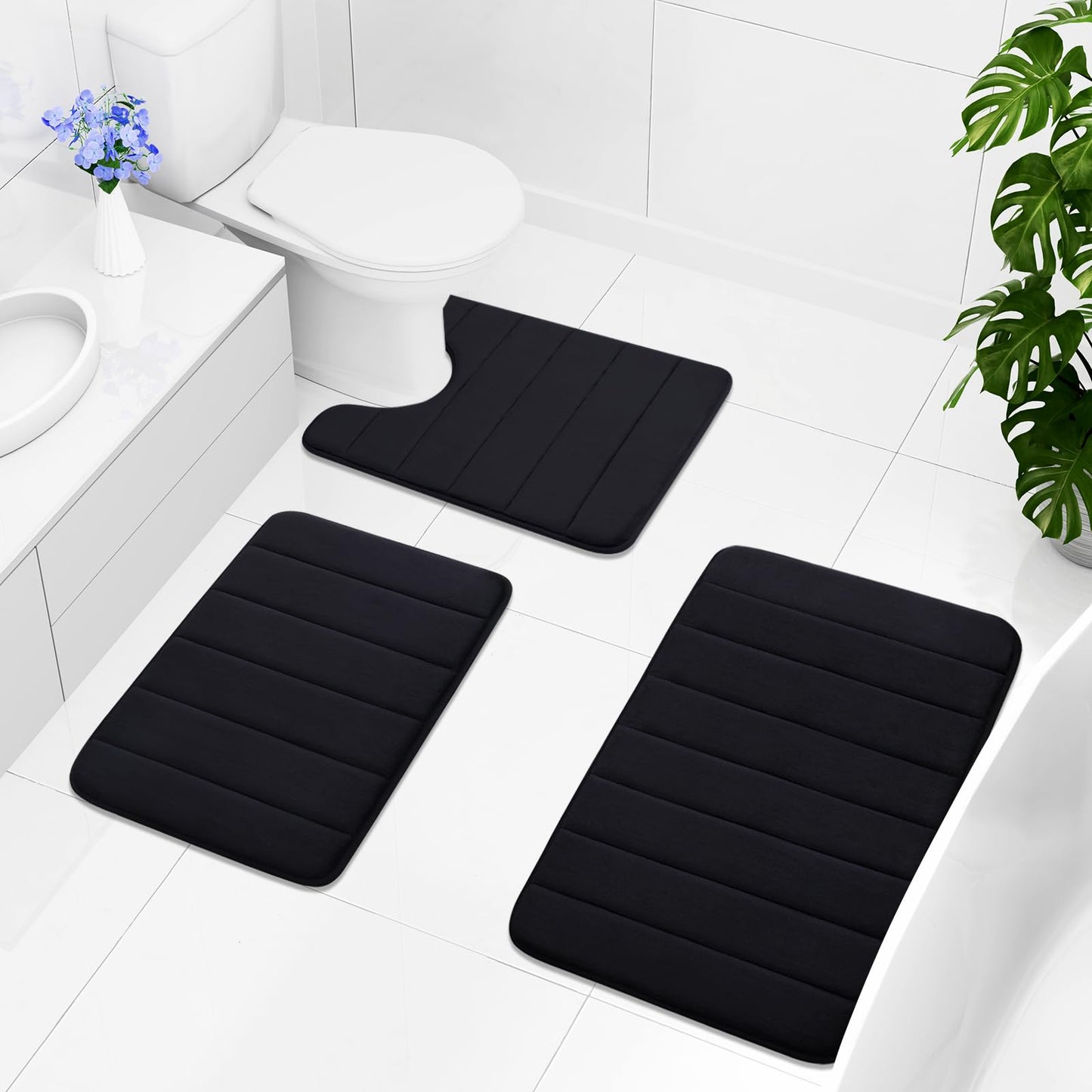 Buganda Memory Foam Bath Mat Rug, 70" x 24", Ultra Soft and Non-Slip Bathroom Rugs, Water Absorbent and Machine Washable Bath Rug Runner for Bathroom, Shower, and Tub, Black