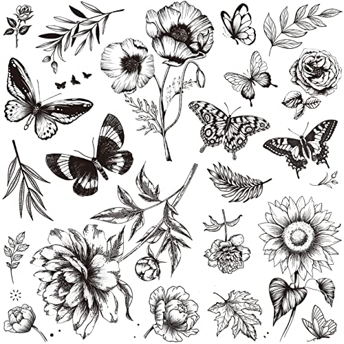 Black Flower Butterfly Temporary Tattoos for Women - 6 Sheets