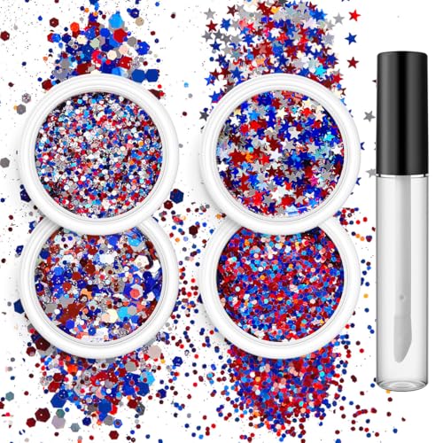 4-Jar Red White Blue Glitter Set with Glue - 4th of July
