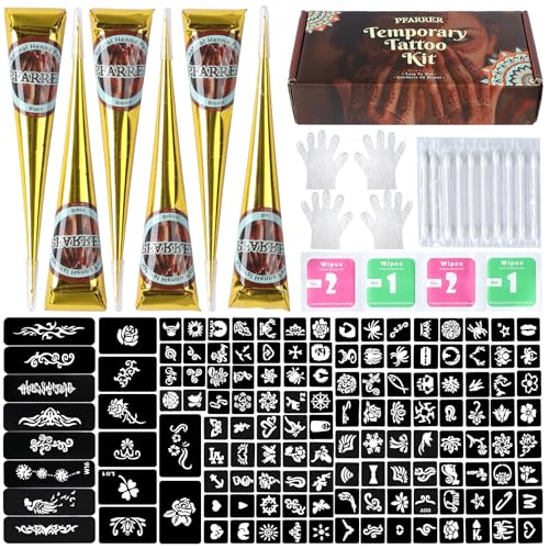 Temporary Tattoos Stencils Kit,Temporary Tattoos Kit - 6 Pcs 3 Color(3 Brown 2 Black 1 Red) Ink with Gloves,DIY Body Art Painting for Women Men Adults TA636KIT